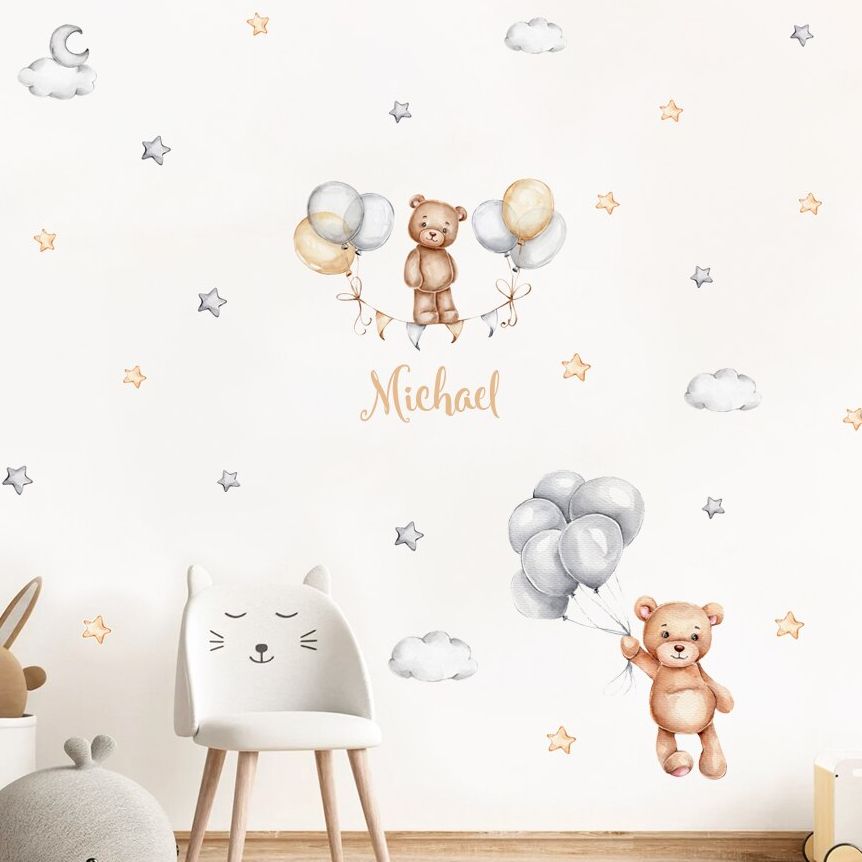 Home Cinema Room - Custom Baby Name Bear Balloons Flags