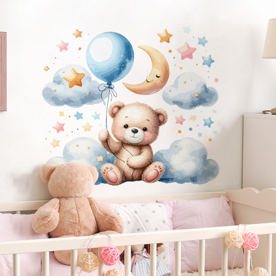 Home Cinema Room - Watercolor Cartoon Teddy Bear Cloud Stars
